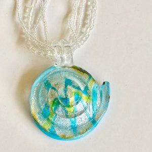 Murano Art Glass Seed Bead Sea Shell Nautilus Shiva Necklace Sea Life Nautical